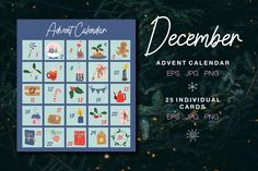 a calendar with christmas items on it and the words december written in white letters, surrounded by evergreens