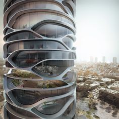 an architectural rendering of a futuristic building with spirally windows and balconies on the top floor