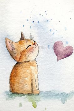 a watercolor painting of a cat looking up at a heart shaped object in the sky