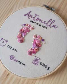 two pink teddy bears with name and date on the back of a embroideryed wall hanging