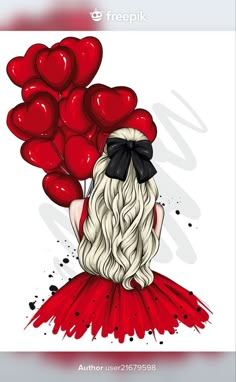 a girl with long blonde hair holding red heart balloons in her hand and wearing a black bow