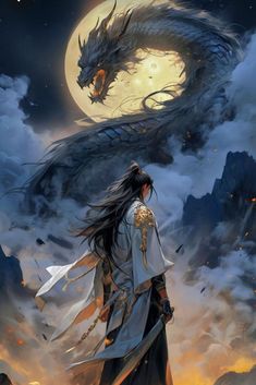 a woman standing in front of a dragon on top of a mountain under a full moon