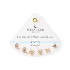 Represent your astrological identity and bring out your best qualities with Soul Stack’s Star Sign mix and match earring stacks! Available in all 12 zodiac signs, each trio features a pair of zodiac signs, stars, and crescent moon earrings, made with high-quality, nickel-free gold-tone metals and a sparkling crystal inlay. The perfect self-purchase or gift for any occasion! Zodiac Signs Stars, Earring Stacks, Crescent Moon Earrings, 12 Zodiac Signs, 12 Zodiac, Zodiac Star Signs, Stacked Jewelry, Star Sign, Moon Earrings