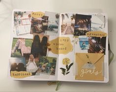 an open scrapbook with pictures and words on the pages that say happy new year