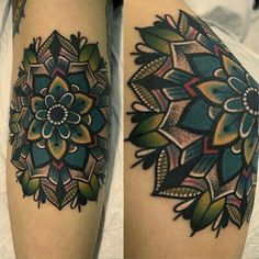 two pictures of tattoos with different designs on their arms and legs, one has a flower in the center