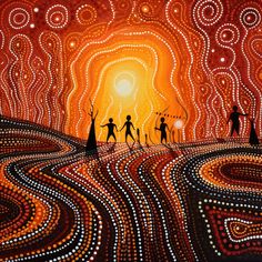 an image of people dancing in the middle of a field with circles and swirls