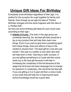 a page from the book unique gifts for birthday, which is written in black and white