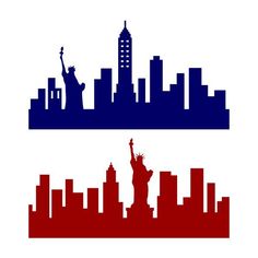 an image of the statue of liberty and new york city skylines in red white and blue