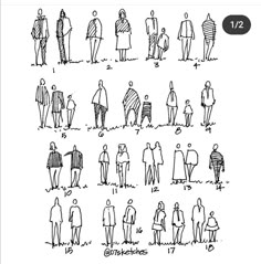 a drawing of people standing in different positions and sizes, each with their own name on it