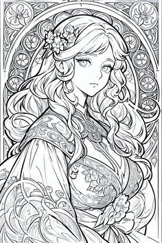 an adult coloring page featuring a woman with long hair and flowers in her hair, wearing a