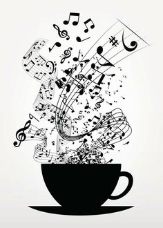 a coffee cup with musical notes coming out of it