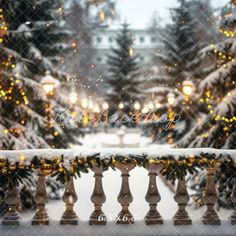 an outdoor christmas scene with lights and trees