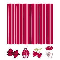 a cupcake, cherries and bow on a white background with red stripes in the center