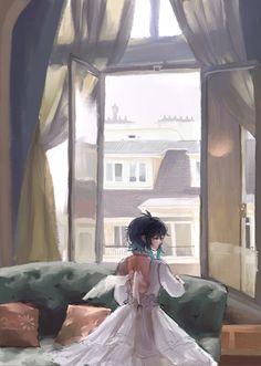 a painting of a woman sitting on top of a couch in front of a window