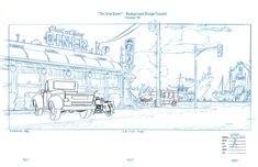 a drawing of an old truck parked in front of a diner