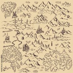 a hand drawn landscape with mountains, trees and clouds in black ink on beige paper