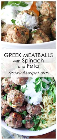 greek meatballs with spinach and fettuccine are served in white bowls