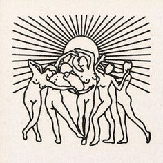 a drawing of three people and two dogs with the sun in the sky behind them