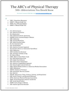 The ABC's of Physical Therapy // 500+ Abbreviations You Should Know — Breanna Spain Blog Soap Notes Physical Therapy, Physical Therapy Terminology, Pre Physical Therapy Student, Physical Therapy Technician, Electrotherapy Physical Therapy, Acute Care Physical Therapy, Home Health Physical Therapy