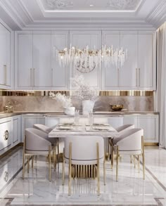 an elegant dining room with gold accents and chandelier hanging over the white table