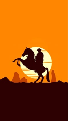 the silhouette of a man riding a horse in front of an orange sky with mountains