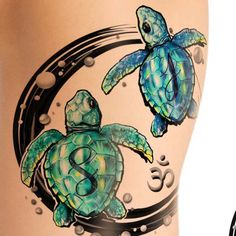 a woman's leg with a turtle and sea turtle tattoo on it, next to an image of a pair of turtles swimming in the ocean