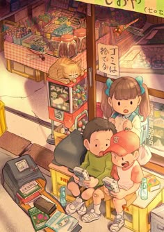 two children are sitting on the floor in front of a store with an assortment of goods