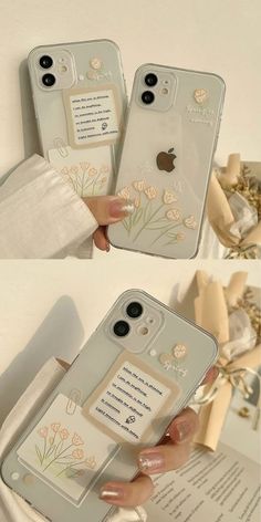 two pictures of the same phone case with flowers on it, one is clear and the other is white