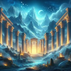 an image of a fantasy scene with columns and mountains in the background that are lit up at night