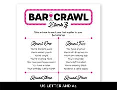 a bar crawl sign with the words, us letter and 4