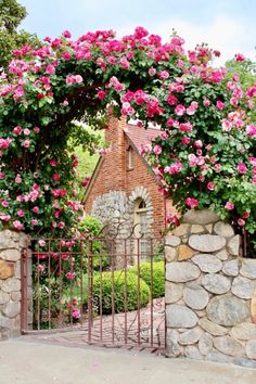 an iron gate with pink flowers growing over it