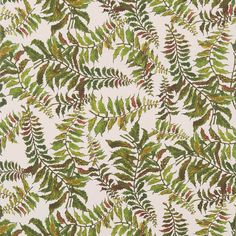 a green and red leaf pattern on a white wallpaper with lots of small leaves