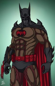 a drawing of a batman standing in front of a green background with red and black accents