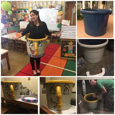 there are pictures of people making funny faces on buckets in the middle of a classroom