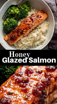 honey glazed salmon served with rice and broccoli