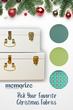 two white suitcases with christmas decorations around them and the words memoize pick your favorite christmas fabrics