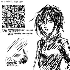 a drawing of a girl with long hair and a qr code in the background