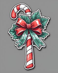 a candy cane decorated with holly leaves and a red bow on the top is an ornament