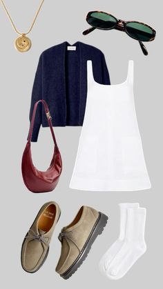 a woman's outfit and accessories including shoes, sweater, purse, sunglasses, necklaces