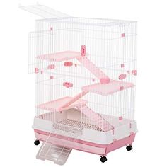 a pink and white bird cage on wheels