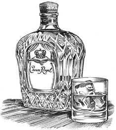 a drawing of a bottle and glass on a table