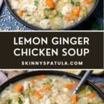 lemon ginger chicken soup in a cast iron skillet