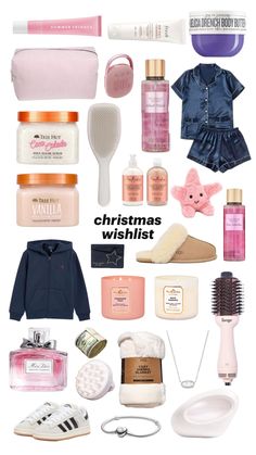 a collage of various items that include bath products, hairbrushes and other things