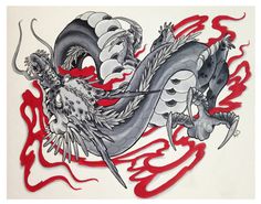 a drawing of two dragon with red and white paint on it's back side