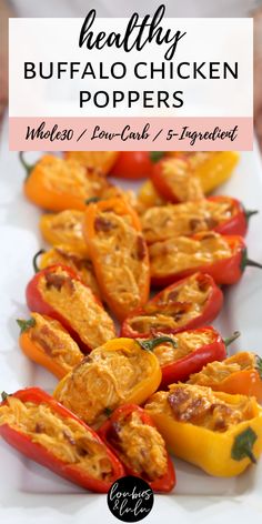 the healthy buffalo chicken stuffed peppers are ready to be eaten and served on a white platter