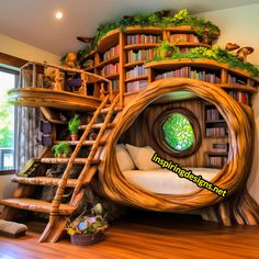 there is a tree house built into the floor with bookshelves and stairs in it