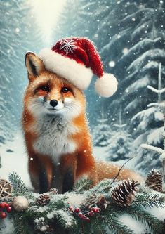 a red fox wearing a santa hat sitting in the snow with pine cones and fir trees