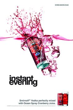 an advertisement with water splashing on it and the words instant evening written in black