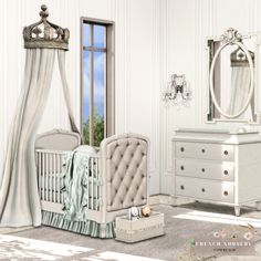 a baby's room with a crib, dresser and mirror