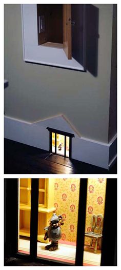 there is a doll house in the middle of two pictures, one has a window and the other has a door